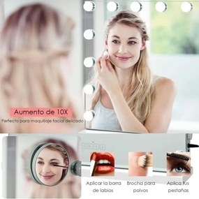 Espelho de maquilhagem com 2 altifalantes 15 luzes LED 3 cores de luz Espelho pequeno com ampliação de 10x Espelho cosmético Bluetooth Branco