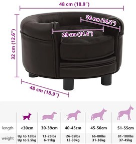 Sofá para cães 48x48x32 cm pelúcia e couro artificial castanho