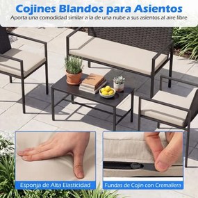 Conjunto de jardim de 4 peças em rattan para exterior: cadeiras, sofá, mesa de centro em vidro temperado e almofadas macias; ideal para jardim, alpend