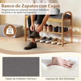 Banco para sapatos em bambu 70 x 31 x 51 cm com 2 níveis, almofada acolchoada e prateleira de arrumação para a entrada, corredor, sala de estar e quar