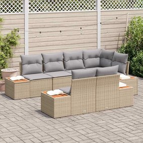 Conjunto de Sofá de 7 Peças com Almofadas Bege Poly Rattan Acácia