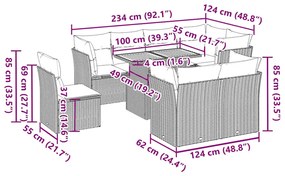 9 pcs conjunto sofás p/ jardim com almofadões vime PE cinzento