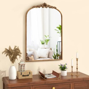 Espelho Curvo para Parede 90 x 61 cm Barroco Ornamentado Tradicional Vintage Dourado com Moldura de Metal Dourado