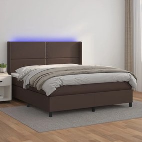 Cama box spring c/ colchão/LED 160x200 cm couro artif. castanho