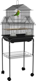 Gaiola para pássaros 50,5 x 41 x 121 cm com comedouros, poleiros, 3 portas, tabuleiro removível para excrementos + pega de transporte, preta