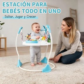 Centro de atividades para bebés com saltador, 6 brinquedos, luzes, música, 3 alturas ajustáveis, mesa giratória 360° para 6+ meses, Azul