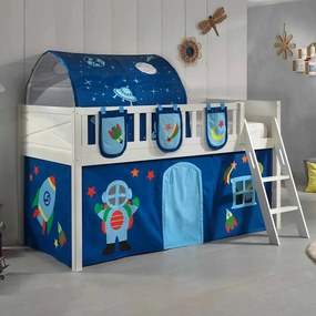 Conjunto cama alta Infantil SCOTT + cortina de brincar ASTRO + Túnel + 3 bolsos de arrumação Branca