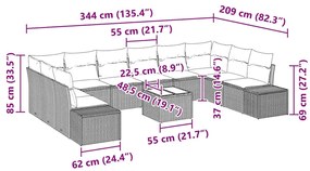 Conjunto de Sofá de Jardim com 10 Peças e Almofadas em Vime PE Cinza
