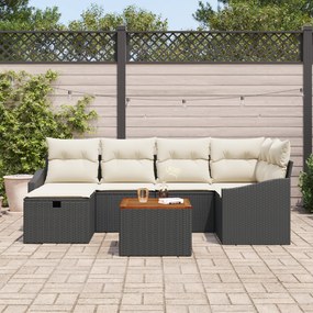 Conjunto de Sofá de 7 Peças para Jardim com Almofadas Preto Poliratan