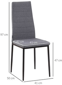 Conjunto de 4 Cadeiras de Sala de Jantar Estofadas em Linho e Pés de Metal para Cozinha Carga Máxima 120kg 41x50x97cm Cinza