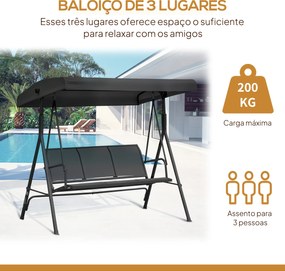 Baloiço de Jardim Exterior de 3 Lugares com Toldo Reclinável Assento Respirável e Estrutura de Aço 175x118x159 cm Preto