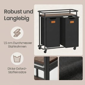 Cesto da roupa suja com 2 compartimentos, rodas e prateleira, 100 L, preto-castanho