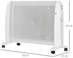 HOMCOM Aquecedor Elétrico 1000W/2000W Aquecedor de Mica com 2 Níveis de Potência Termostato Regulável e 4 Rodas para Ambientes de 15-20 m² Silencioso 79x27x54 cm Branco