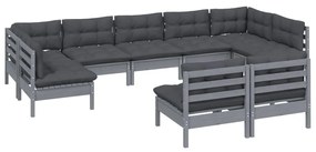 9 pcs conjunto lounge de jardim + almofadões pinho maciço cinza