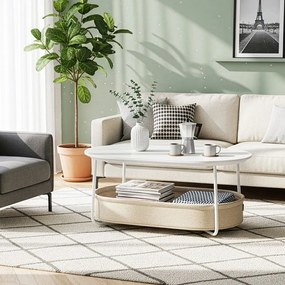 Mesa de centro oval 45 x 100 x 45,7 cm com espaço de arrumação e cesto em tecido, branco e castanho camelo