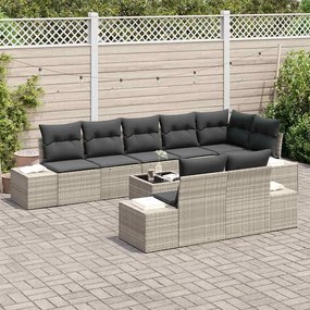 Conjunto de Sofás de Jardim de 9 Peças com Almofadas Cinzas em Rattan