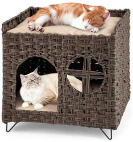 Casa de rattan para gatos de 2 andares com caverna escondida, plataforma superior e 2 almofadas macias castanho.
