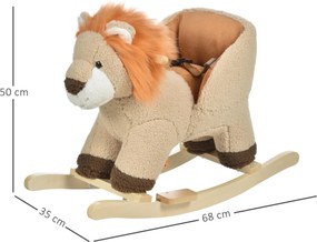 Baloiço Infantil em Forma de Leão de Pelúcia para Bebés 18-39 Meses com Som Cinto de Segurança Guidão Apoio para os Pés 68x35x50cm Castanho