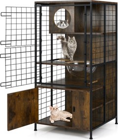 Gaiola moderna para gatos 60 x 60 x 125 cm com torre multinível com estrutura metálica Orifícios Porta com fechadura Almofadas ajustáveis Castanho