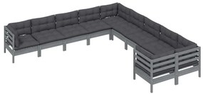 10 pcs conjunto lounge de jardim c/ almofadões pinho cinza