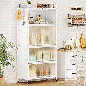 Armário de cozinha 80,5 x 40 x 162 cm de 5 níveis metálico com 4 portas batentes Prateleira com rodas para micro-ondas Branco