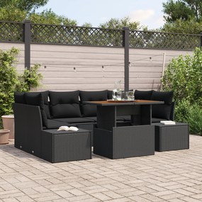 Conjunto de Sofá de Jardim de 7 Peças com Almofadas Pretas em Rattan P