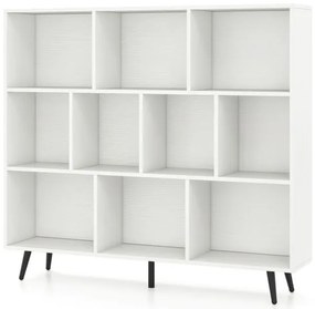 Estante de 10 cubos, 140 cm, organizador de armazenamento moderno de meados do século com 5 pernas de metal cônicas, branca