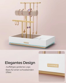 Suporte para joias com espelho 17 x 27 x 29 cm – ideia para presente, dourado e branco