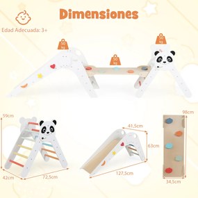 Parque dobrável para escalada para crianças Montessori de escalada em madeira com tema de panda Ginásio interior com escorrega Branco