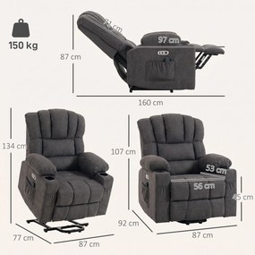 Poltrona Relax Reclinável Elétrica Elevatória com Massagem Vibratória, Calor, Assento Largo, USB-C, USB-A, Bolsos, Preta