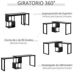 HOMCOM Secretária em Forma L Mesa para Computador Giratória 360 Graus com Múltiplas Formas Prateleiras e Grande Espaço de Armazenamento 220x55x79cm Preto