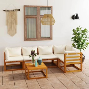 vidaXL 6 pcs conjunto lounge jardim c/ almofadões acácia maciça creme