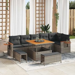 Conjunto de Sofá de Jardim com 9 Peças com Almofadas Cinza Vime Sintético Acácia