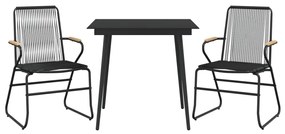 3 pcs conjunto de jantar para jardim vime PVC preto