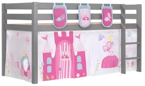 Conjunto Cama alta de Criança PINO 90 x 200 cm + estrado + escada + cortina + 3 Bolsas Princesa Cinzenta