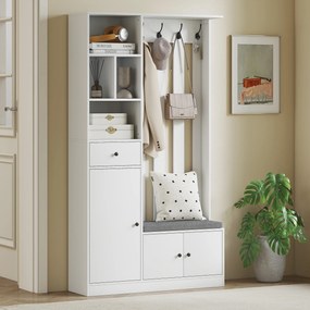 Móvel de entrada 4 em 1 100 x 30 x 180 cm, guarda-roupa de entrada com banco com espaço de arrumação, prateleira ajustável, 4 ganchos, branco