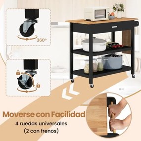 Carrinho de cozinha 106 cm x 50 cm x 89 cm com bancada de madeira, gaveta, 2 prateleiras abertas, barra para pendurar e rodas com travão, natural e pr