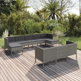 10 pcs conjunto lounge de jardim c/ almofadões vime PE cinzento