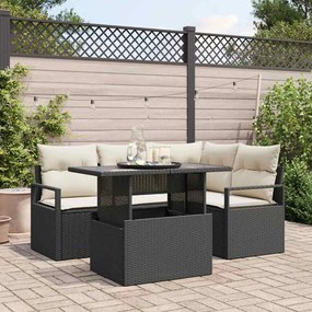 Conjunto de Sofá de Jardim com 5 Peças e Almofadas em Rattan Preto
