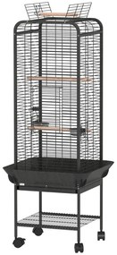 Gaiola para Pássaros com Rodas Poleiros Comedouros Prateleira e Bandeja Amovível 62,5x62,5x146 cm Cinza Escuro