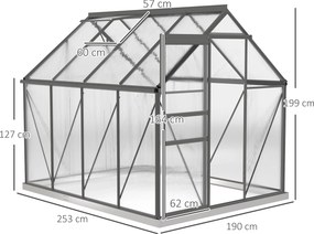 Estufa de jardim em policarbonato 1,9 x 2,53 x 1,99 m com 4,8 m², com fundações, claraboia ajustável e porta de correr transparente