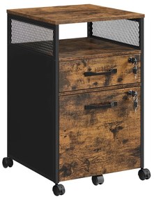 Armário de arquivo VASAGLE para escritório com 2 gavetas com trava, rodas, prateleira aberta para pendurar arquivos, estrutura de aço, estilo industrial, marrom rústico e preto OFC077B01