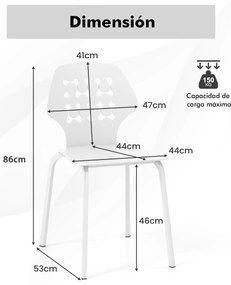 Conjunto de 4 cadeiras de jantar modernas em meta com costas ocas e pernas em metal Cadeira de hóspedes sem braços Branco