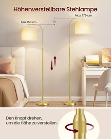 Candeeiro de pé com altura regulável de 150 a 175 cm, com interruptor de pé em dourado claro
