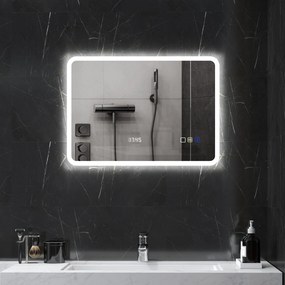 Espelho de Casa de Banho com Luz LED 70x50 cm Bluetooth 3 Cores de Luz Relógio Digital Função Antiembaciamento Função de Memória Prata