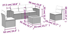 6 pcs conjunto de sofás p/ jardim com almofadões vime PE bege