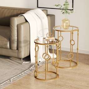Conjunto de 2 mesas baixas redondas Mesas encaixáveis. de design Art Déco, Ø 41 e Ø 36 cm, vidro temperado de 5 mm metal dourado
