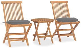 3 pcs conj. jantar dobrável exterior c/ almofadão teca maciça