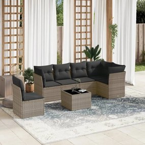 7 pcs conjunto sofás p/ jardim c/ almofadões vime PE cinzento