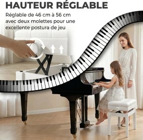 Banco de piano com baú integrado, altura ajustável, em madeira de seringueira, assento com revestimento sintético branco